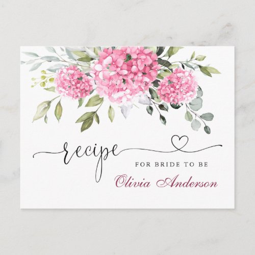 Elegant Pink Hydrangea Bridal Shower Recipe Card