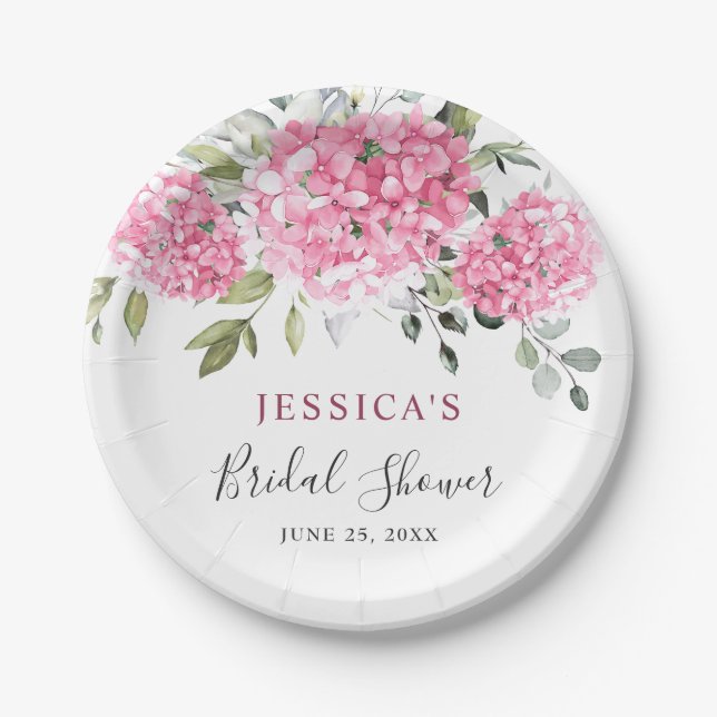 Elegant Pink Hydrangea Eucalyptus Bridal Shower Paper Plates (Front)