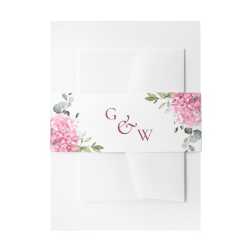 Elegant Pink Hydrangea Eucalyptus Monogram Wedding Invitation Belly Band