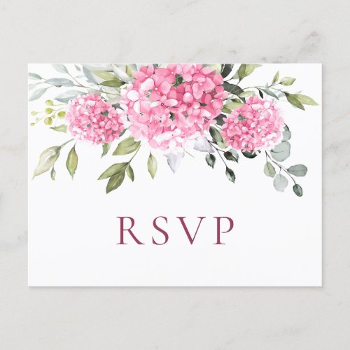 Elegant Pink Hydrangea Eucalyptus Wedding RSVP Postcard