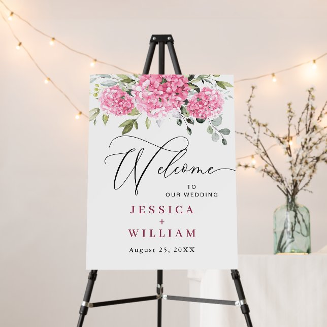 Elegant Pink Hydrangea Eucalyptus WEDDING Welcome Foam Board (In Situ (Stand))