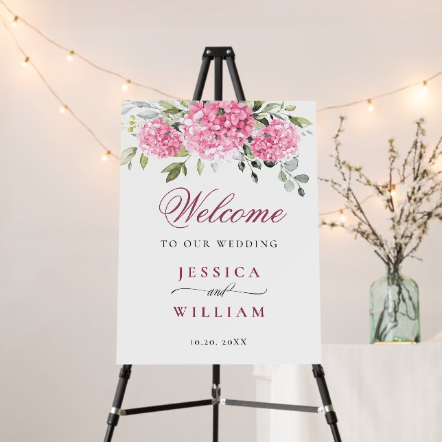 Elegant Pink Hydrangea Eucalyptus WEDDING Welcome Foam Board (In Situ (Stand))