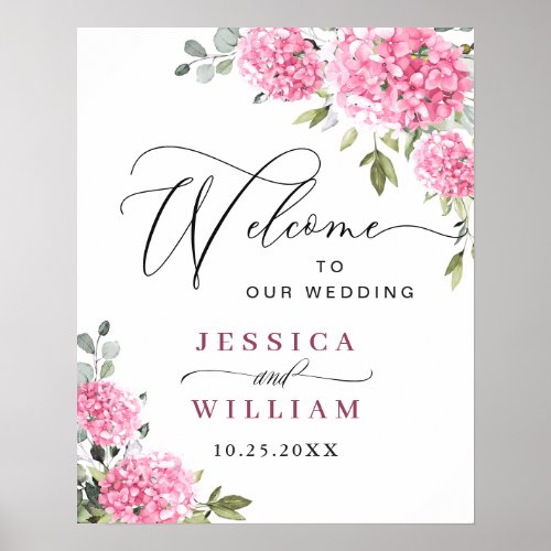 Elegant Pink Hydrangea Eucalyptus Wedding Welcome Poster