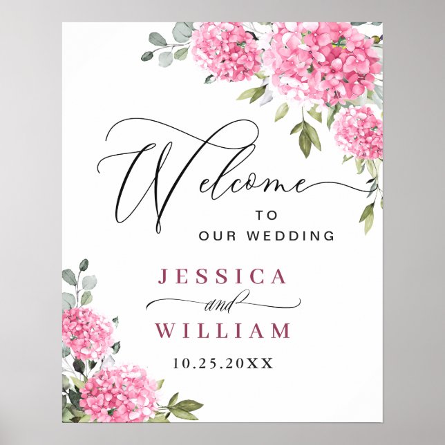 Elegant Pink Hydrangea Eucalyptus Wedding Welcome Poster (Front)