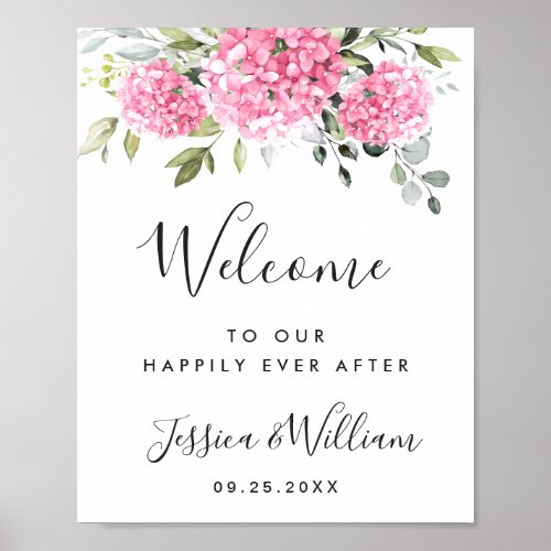 Elegant Pink Hydrangea Eucalyptus Wedding Welcome Poster