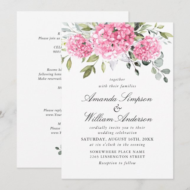 Elegant Pink Hydrangea Floral Wedding All In One Invitation (Front/Back)