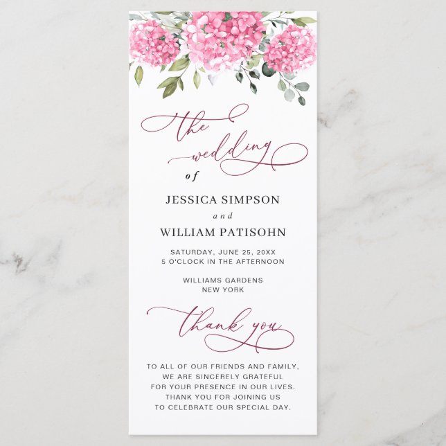 Elegant Pink Hydrangea Floral Wedding Ceremony Program (Front)