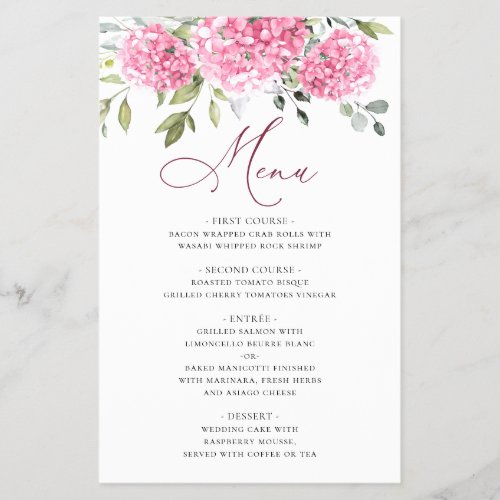 Elegant Pink Hydrangea Floral Wedding Dinner Menu