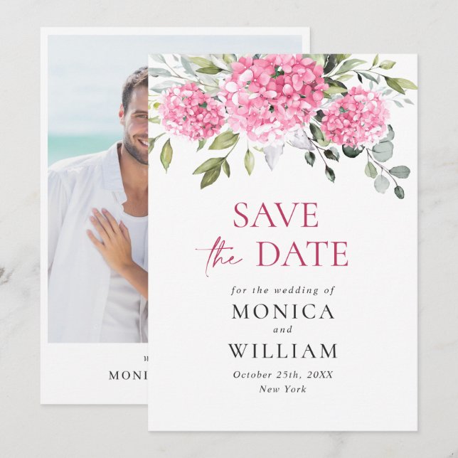 Elegant Pink Hydrangea Floral Wedding Photo Save The Date (Front/Back)