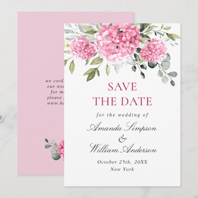Elegant Pink Hydrangea Floral Wedding Save The Date (Front/Back)