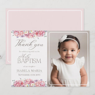 Elegant Pink Hydrangea Flowers Baptism Photo Thank You Card