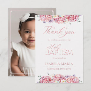 Elegant Pink Hydrangea Flowers Baptism Photo Thank You Card