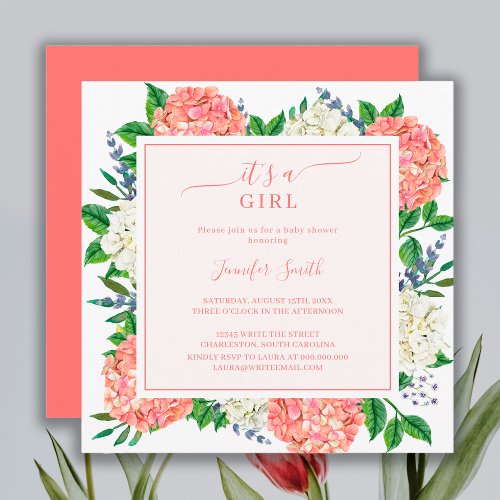 Elegant Pink Hydrangea Its A Girl Baby Shower Invitation