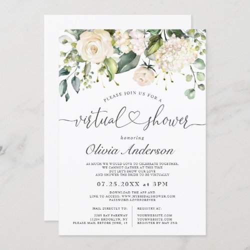 Elegant Pink Hydrangea Roses virtual Bridal Shower Invitation