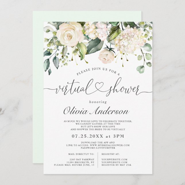 Elegant Pink Hydrangea Roses virtual Bridal Shower Invitation (Front/Back)