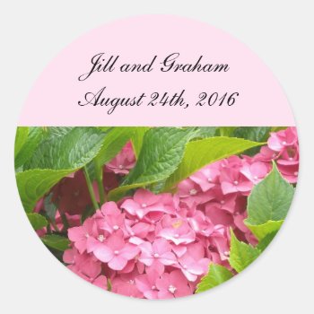 Elegant Pink Hydrangea Save The Date Classic Round Sticker by seashell2 at Zazzle