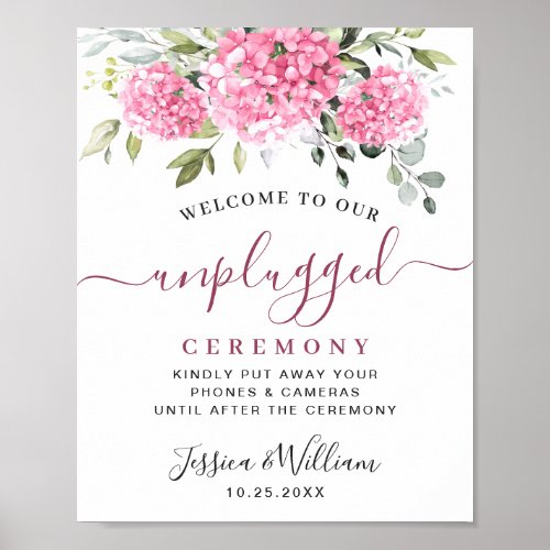 Elegant Pink Hydrangea Unplugged Wedding Ceremony Poster