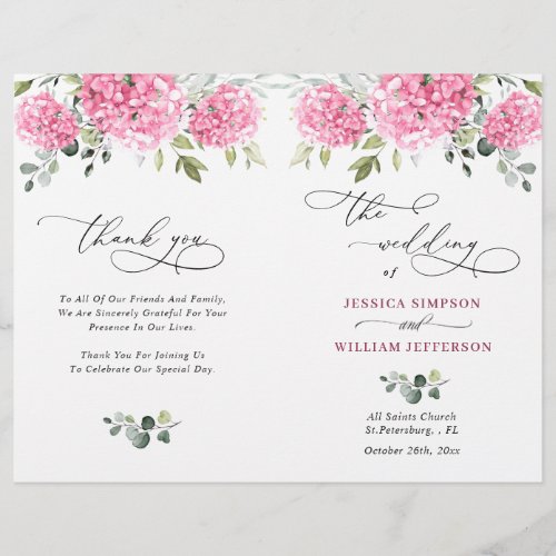 Elegant Pink Hydrangea Wedding Ceremony Program