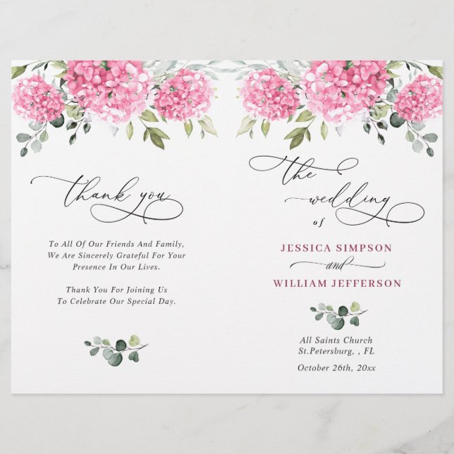 Elegant Pink Hydrangea Wedding Ceremony Program (Front)