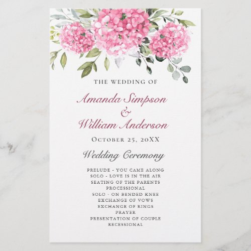 Elegant Pink Hydrangea Wedding Ceremony Program