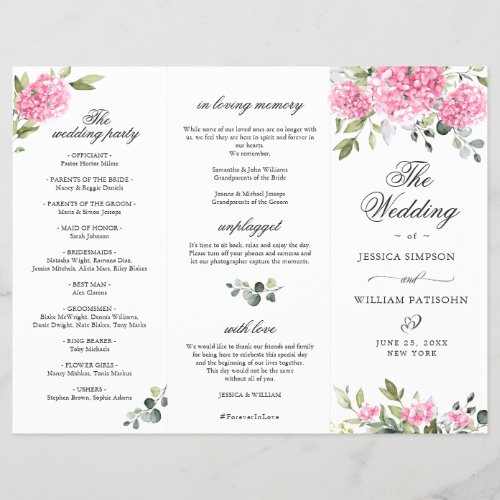 Elegant Pink Hydrangea Wedding Ceremony Program