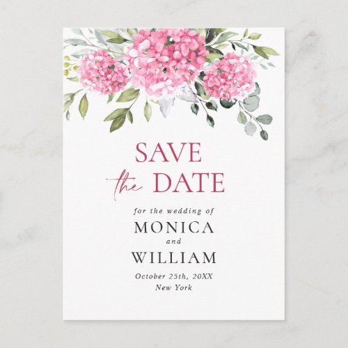 Elegant Pink Hydrangea Wedding Save the Date Postcard