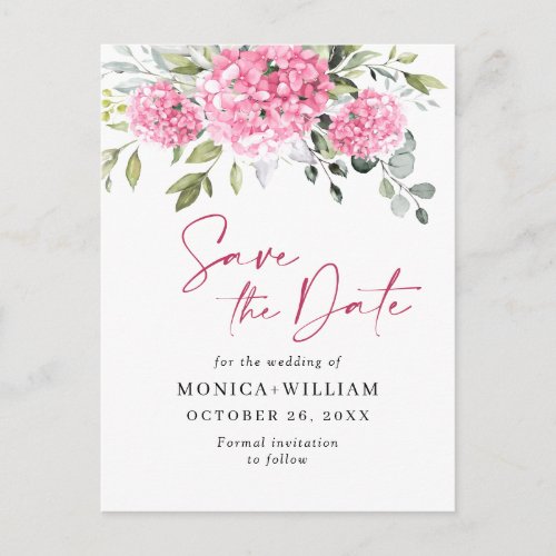 Elegant Pink Hydrangea Wedding Save the Date Postcard