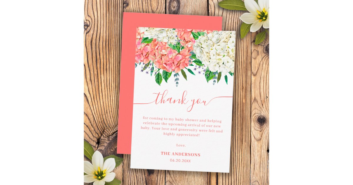 Elegant Pink Hydrangea Wildflower Baby Shower Thank You Card | Zazzle