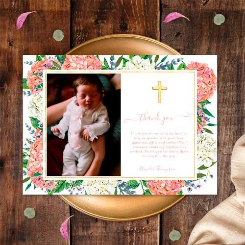 Elegant Pink Hydrangeas Gold Cross Photo Baptism Invitation