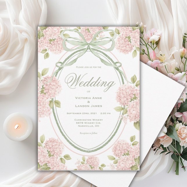 Elegant Pink Hydrangeas Ribbon Vintage Wedding Invitation (Creator Uploaded)