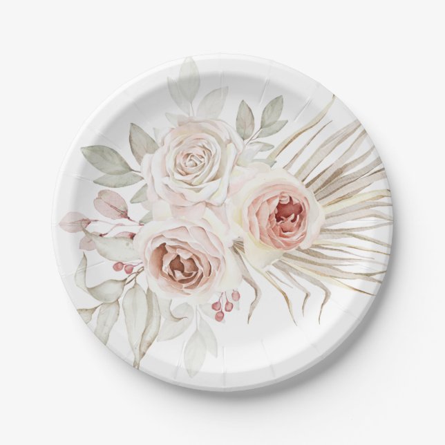 Elegant Pink Ivory Boho Floral Roses Greenery Paper Plates (Front)