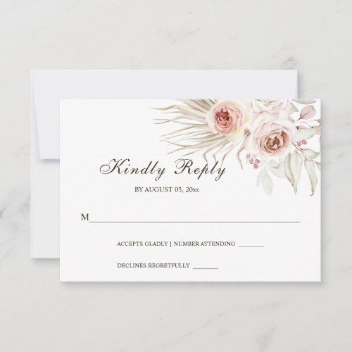 Elegant Pink Ivory Boho Floral Roses Greenery RSVP Card