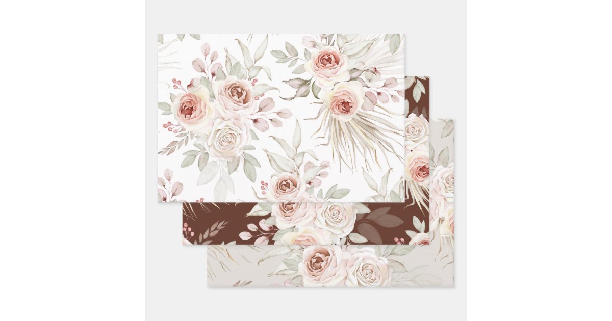Elegant Pink Ivory Boho Floral Roses Greenery Wrapping Paper Sheets ...