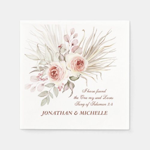 Elegant Pink Ivory Boho Floral Wedding Bible Verse Napkins