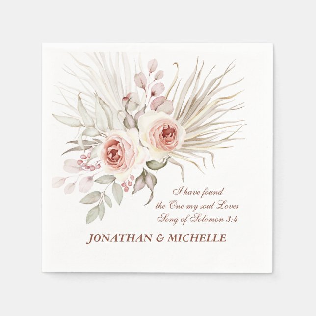 Elegant Pink Ivory Boho Floral Wedding Bible Verse Napkins (Front)