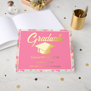 Elegant Pink Ivory Floral Graduation Party Foil Guest Book