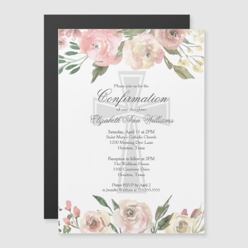 Elegant Pink Ivory Floral Religious Confirmation Magnetic Invitation