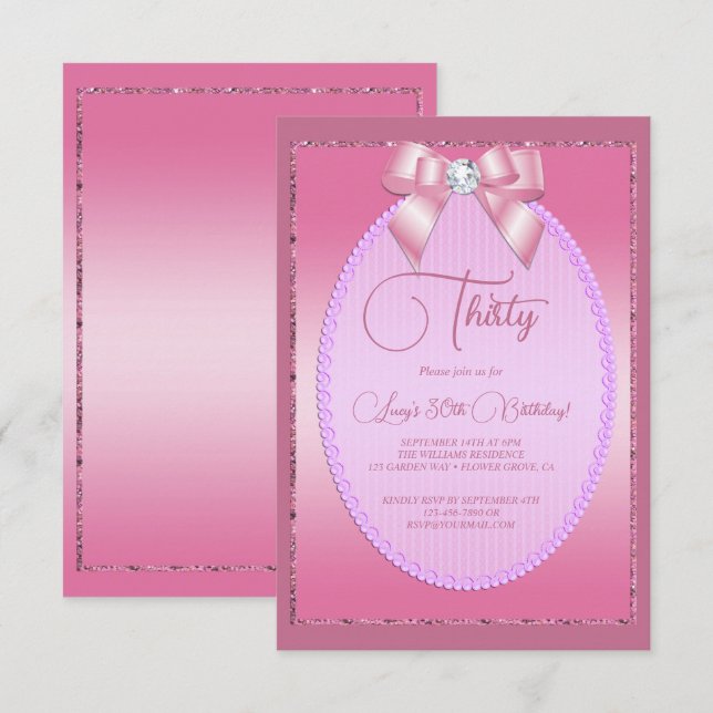 Elegant Pink Jewel Diamond Bow Birthday Invitation (Front/Back)