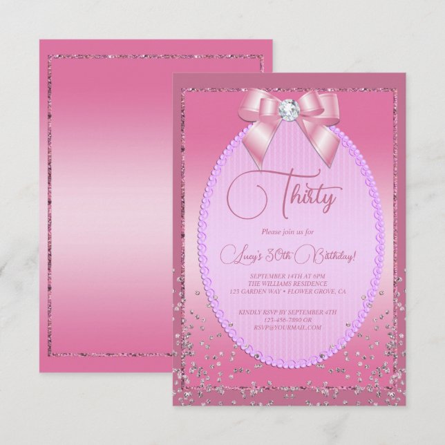 Elegant Pink Jewel Diamond Bow & Confetti Birthday Invitation (Front/Back)
