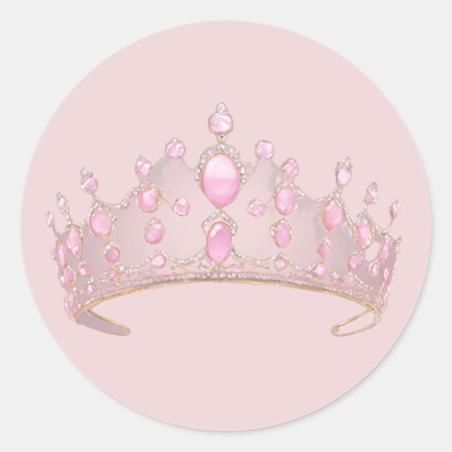 Elegant Pink Jeweled Crown Art Classic Round Sticker (Front)