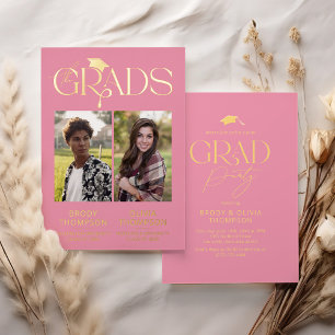 Elegant Pink Joint Graduation Party Photo Foil Invitation