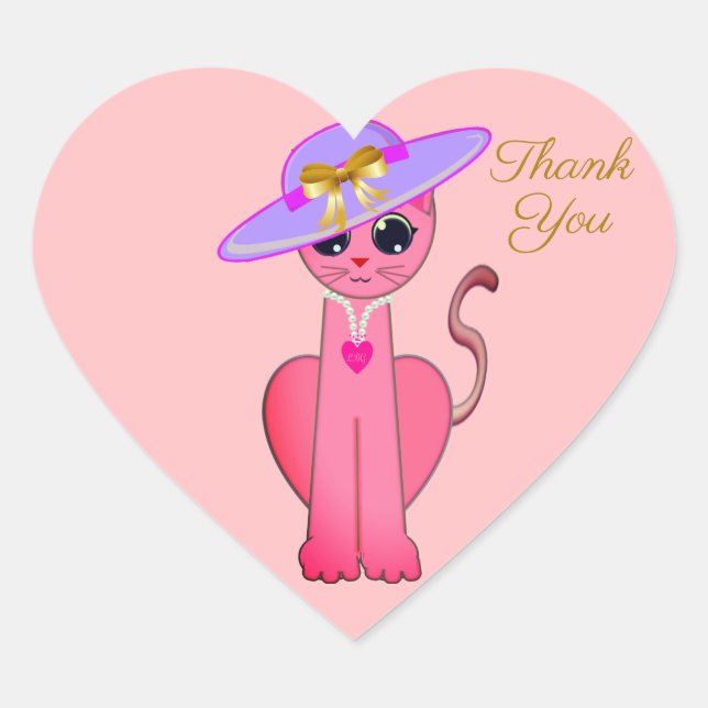 Elegant pink kitty cat on coral pink Thank You Heart Sticker (Front)