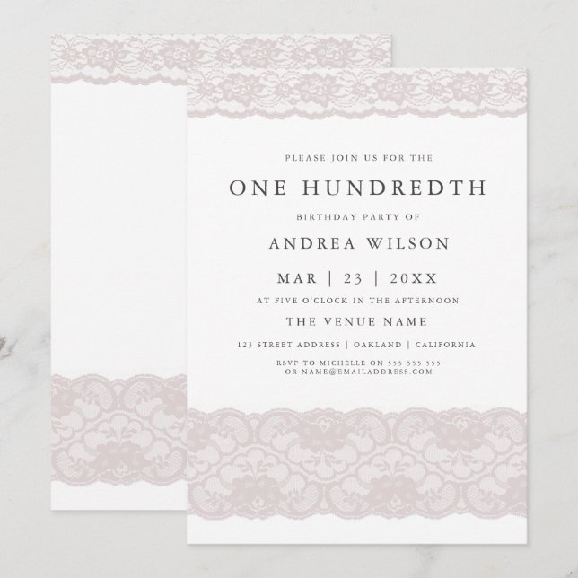 Elegant Pink Lace 100th birthday Party Invite (Front/Back)