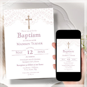 Elegant Pink Lace   Baptism Invitation