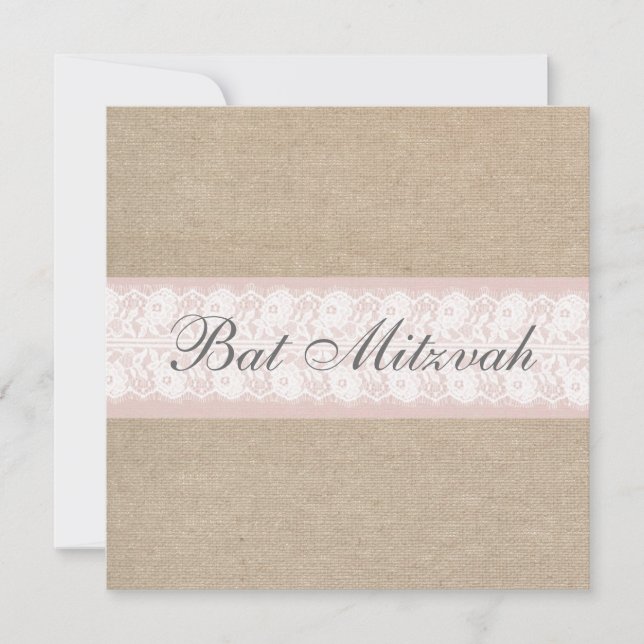 Elegant Pink Lace Burlap Bat Mitzvah Invitation (Front)