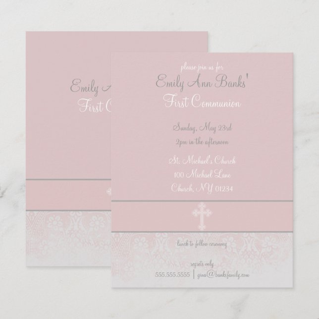 Elegant Pink Lace First Holy Communion Invitations (Front/Back)