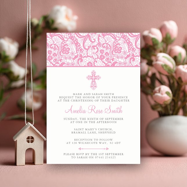 Elegant Pink Lace Girls Christening Invitation (Graceful and timeless 💕 A pink lace christening invitation for your baby girl’s special day.)