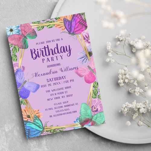 Elegant Pink lavender Floral Butterfly Birthday Invitation Postcard