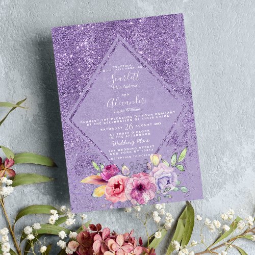  Elegant pink lavender glitter floral Wedding  Invitation