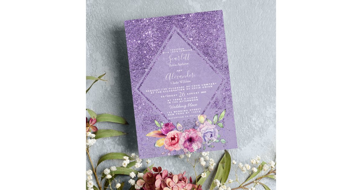 Elegant pink lavender glitter floral Wedding Invitation | Zazzle